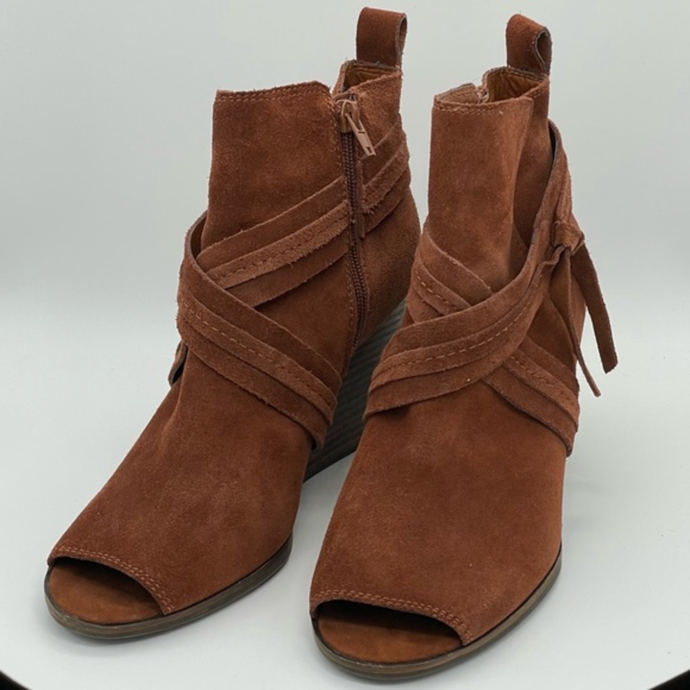 Lucky Brand Brown Suede Peep Toe Wedge Heel Bootie Sz 9 Leather Heeled Boots